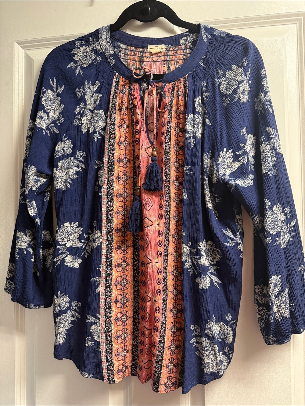 Stitch fix Mason & Belle Navy Floral Boho Tie-Front Blouse with Coral Panel
